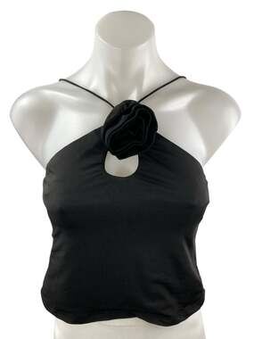 NEW White Fox Black Flower Keyhole Sleeveless Halter Camisole Crop Tank Top M